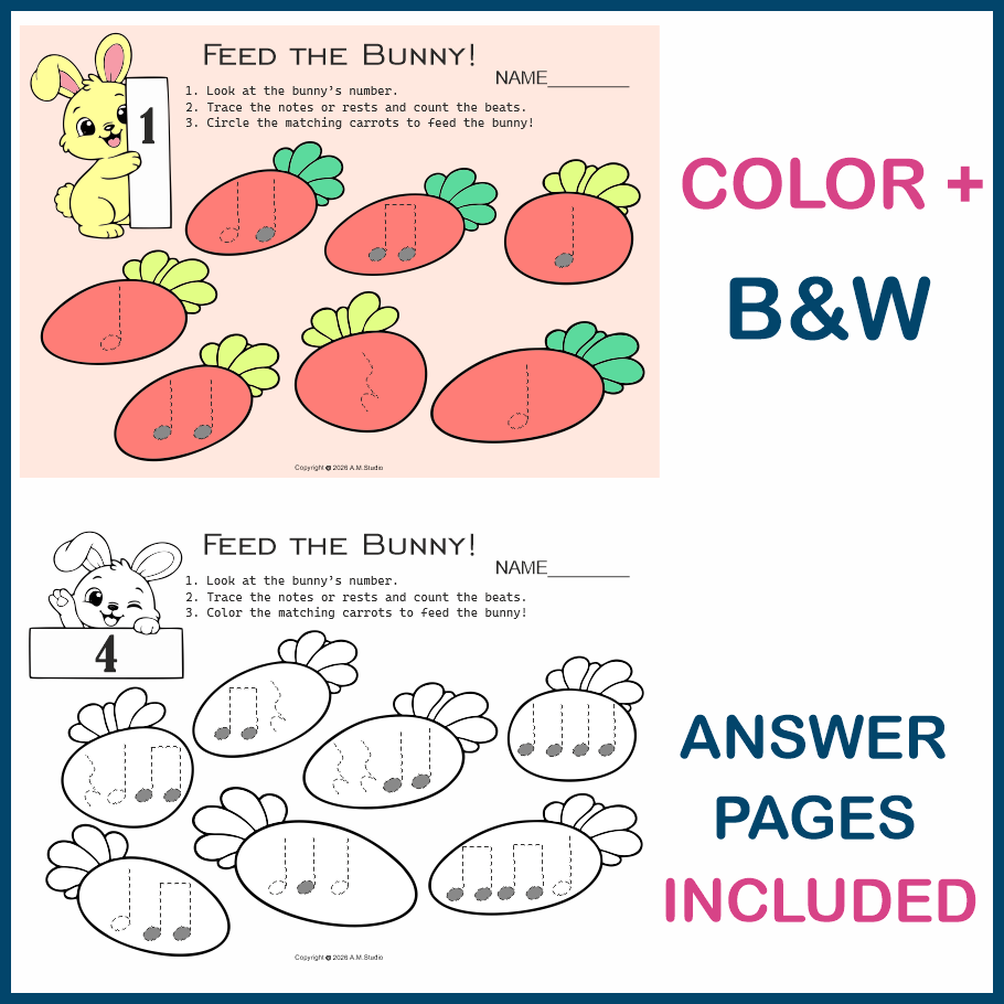 Easter Music Rhythm Worksheet | Feed the Bunny | Music Math + Tracing Sheets (img # 2)