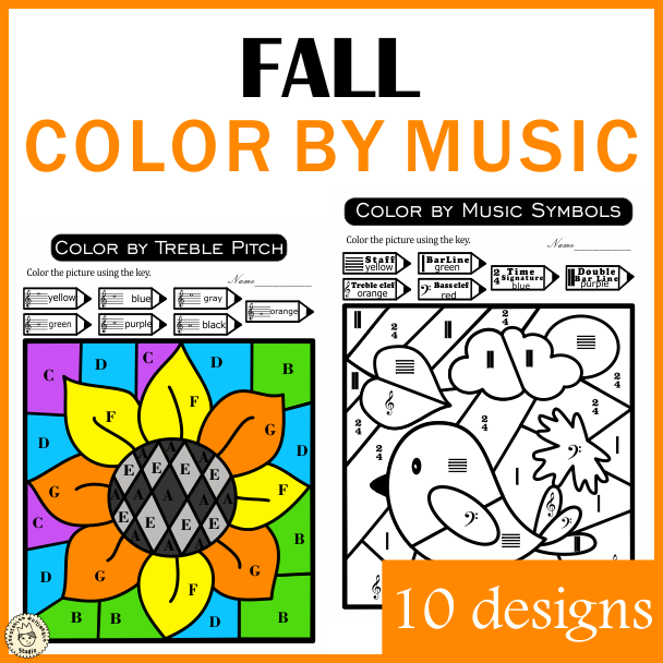 Fall Music Color by Code Worksheets | Note Names | Dynamics | Music Symbols (img # 1)