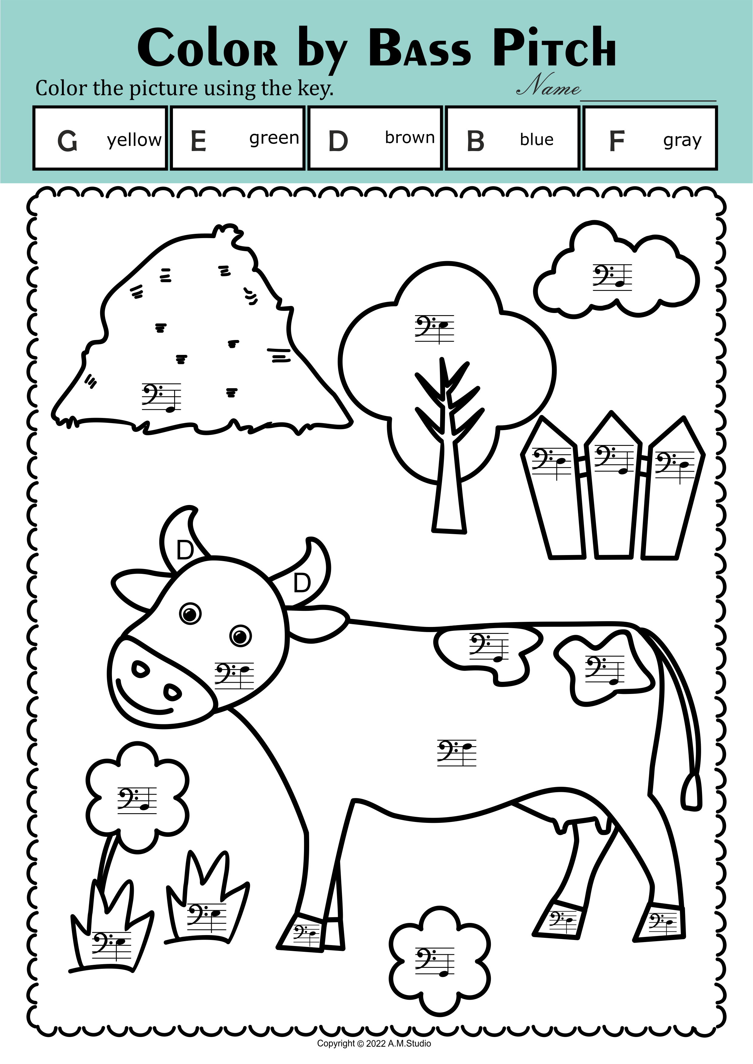 Farm Animals Music Coloring Sheets | Color by Bass Clef Note Names (img # 1)