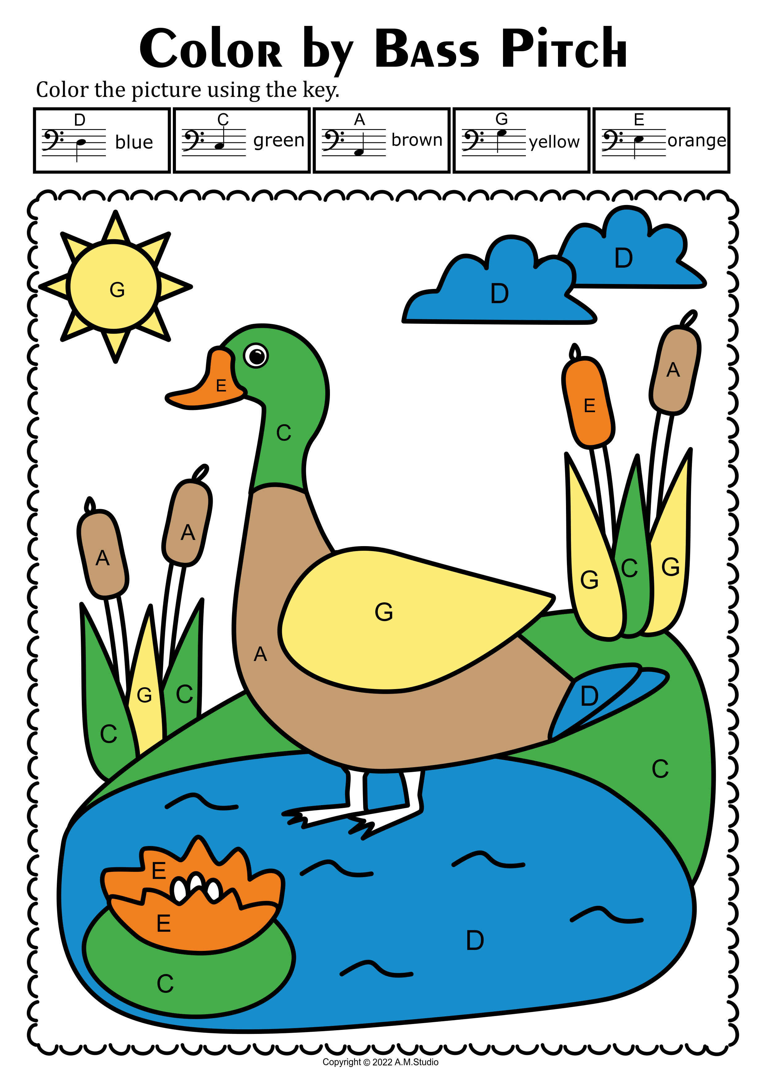 Farm Animals Music Coloring Sheets | Color by Bass Clef Note Names (img # 2)