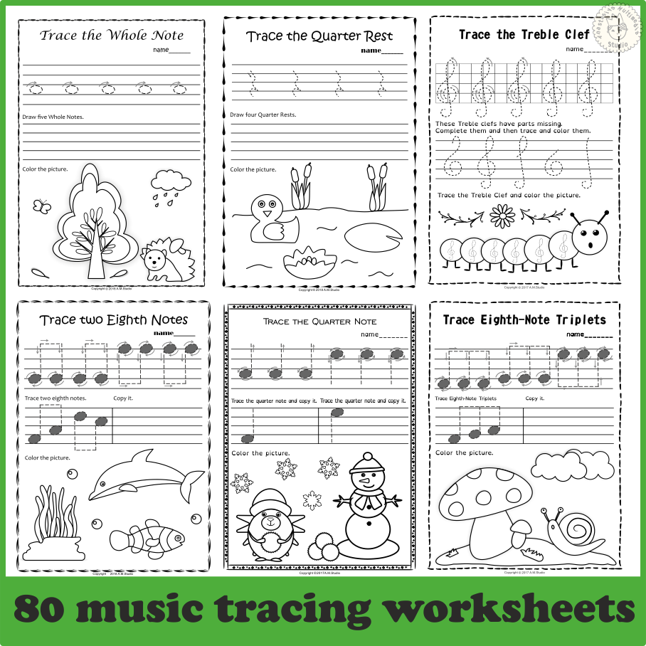 Music Notes and Symbols Tracing Worksheets Seasons Bundle (img # 1)