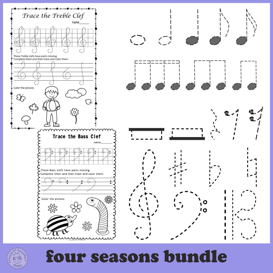 Music Notes and Symbols Tracing Worksheets Seasons Bundle (img # 2)