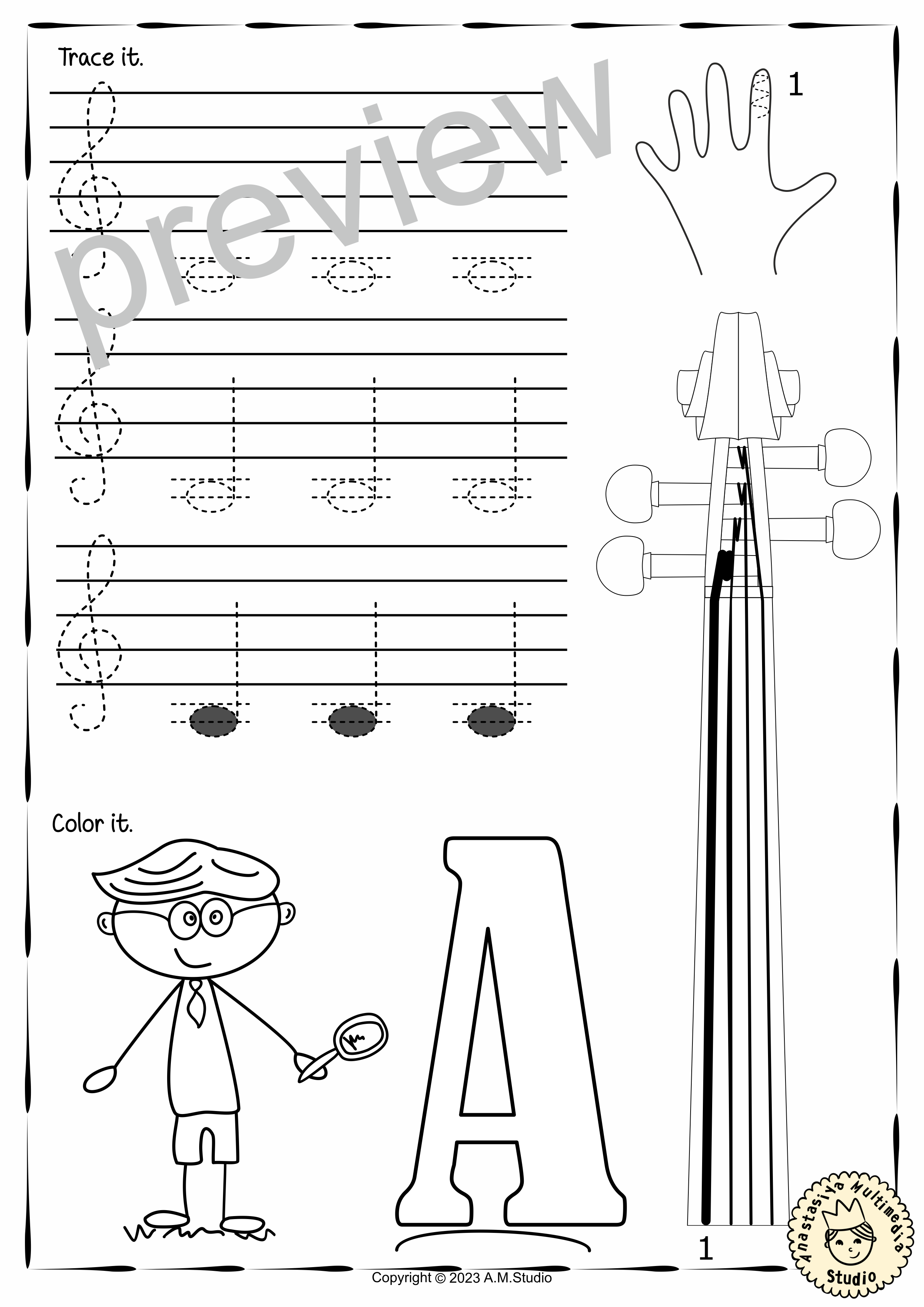 Music Tracing Notes Worksheets for Violin Students (img # 1)