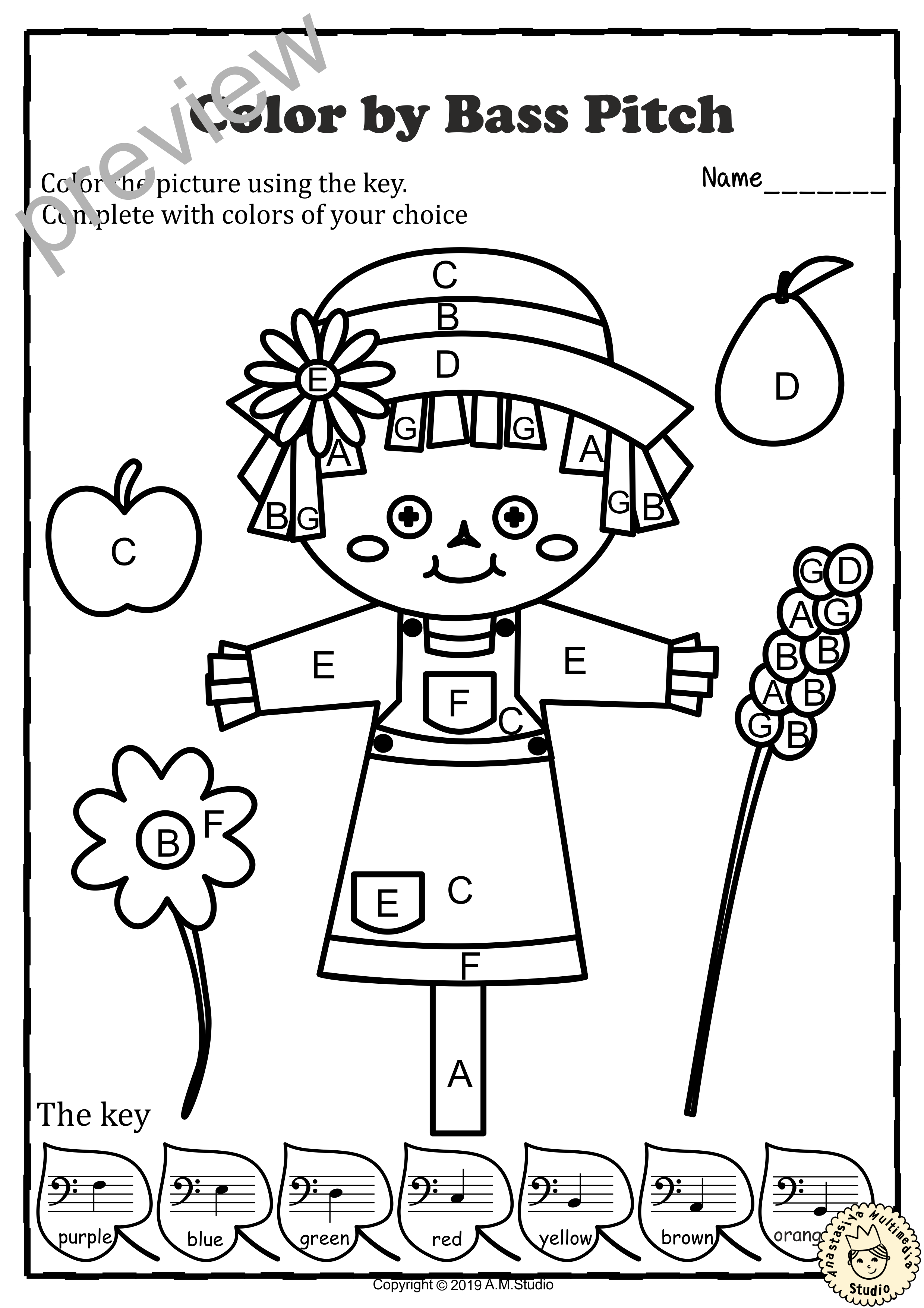 Musical Coloring Pages for Fall {Color by Bass Pitch} with answers (img # 1)