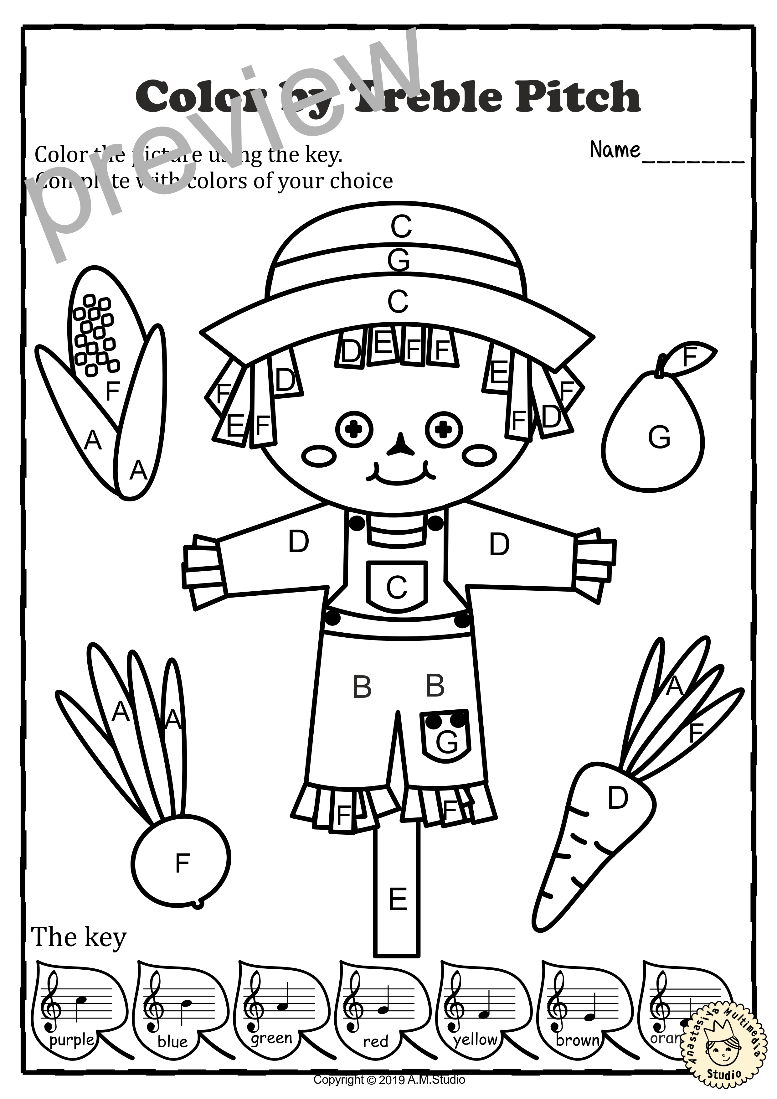 Musical Coloring Pages for Fall {Color by Treble Pitch} with answers (img # 1)