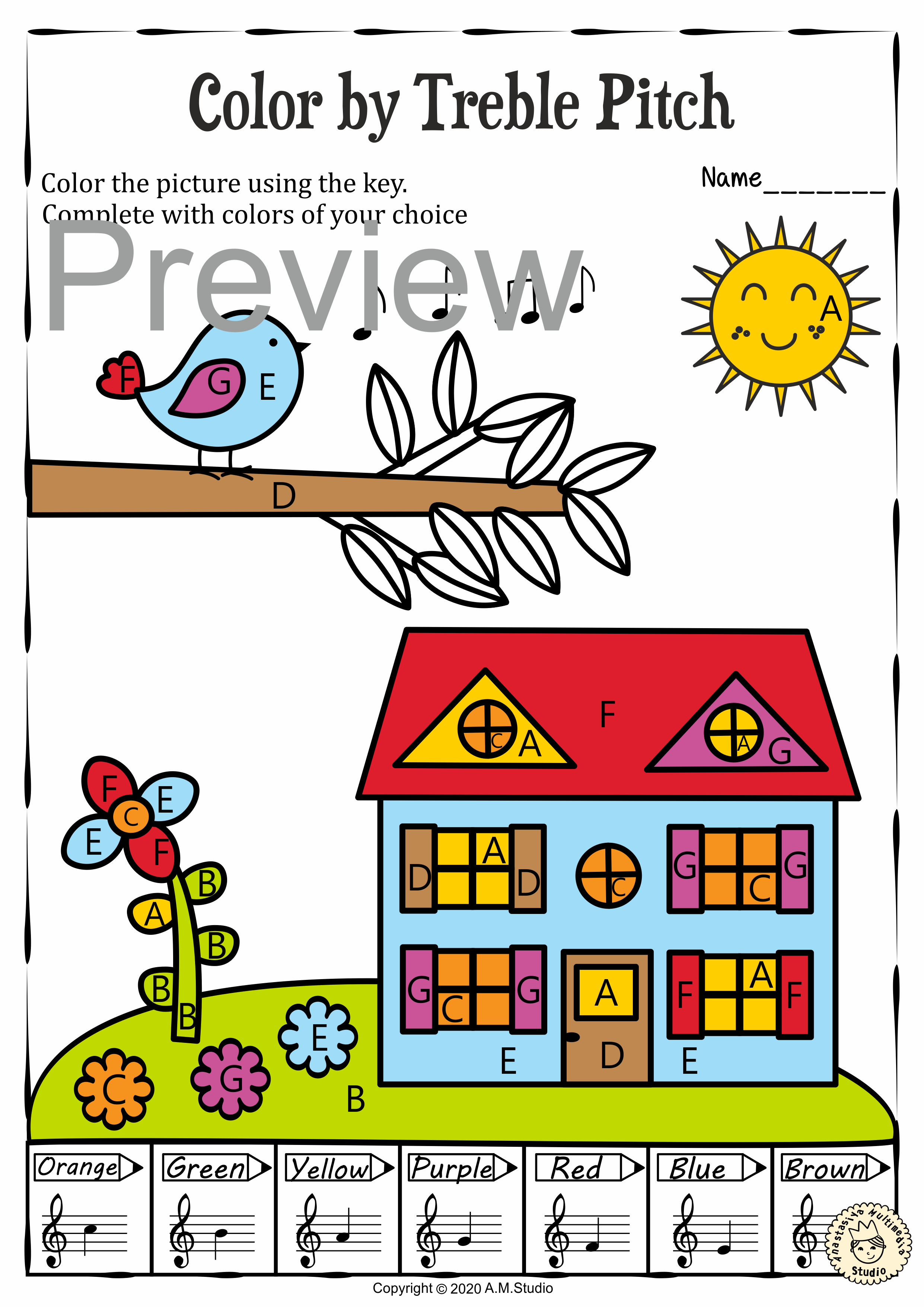 Musical Coloring Pages for Spring {Color by Treble Pitch} with answers (img # 4)