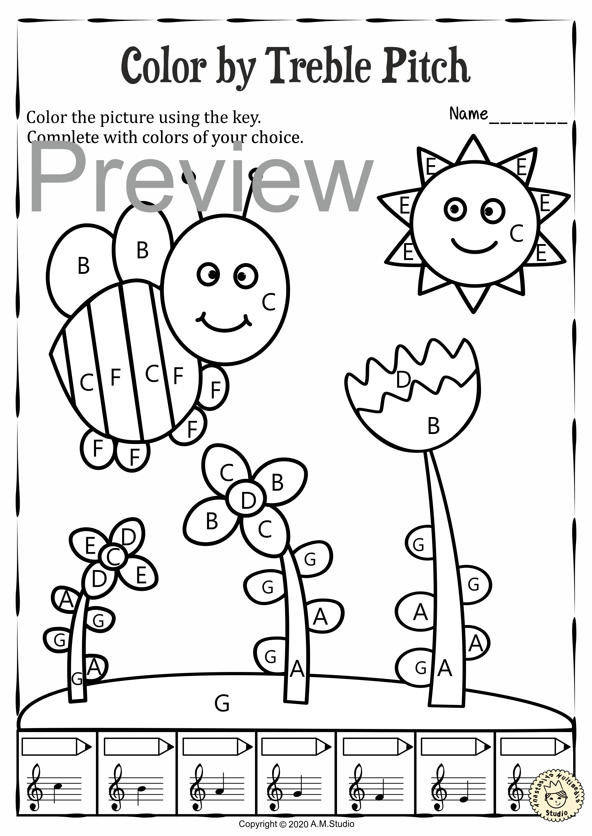 Musical Coloring Pages for Spring {Color by Treble Pitch} with answers (img # 2)