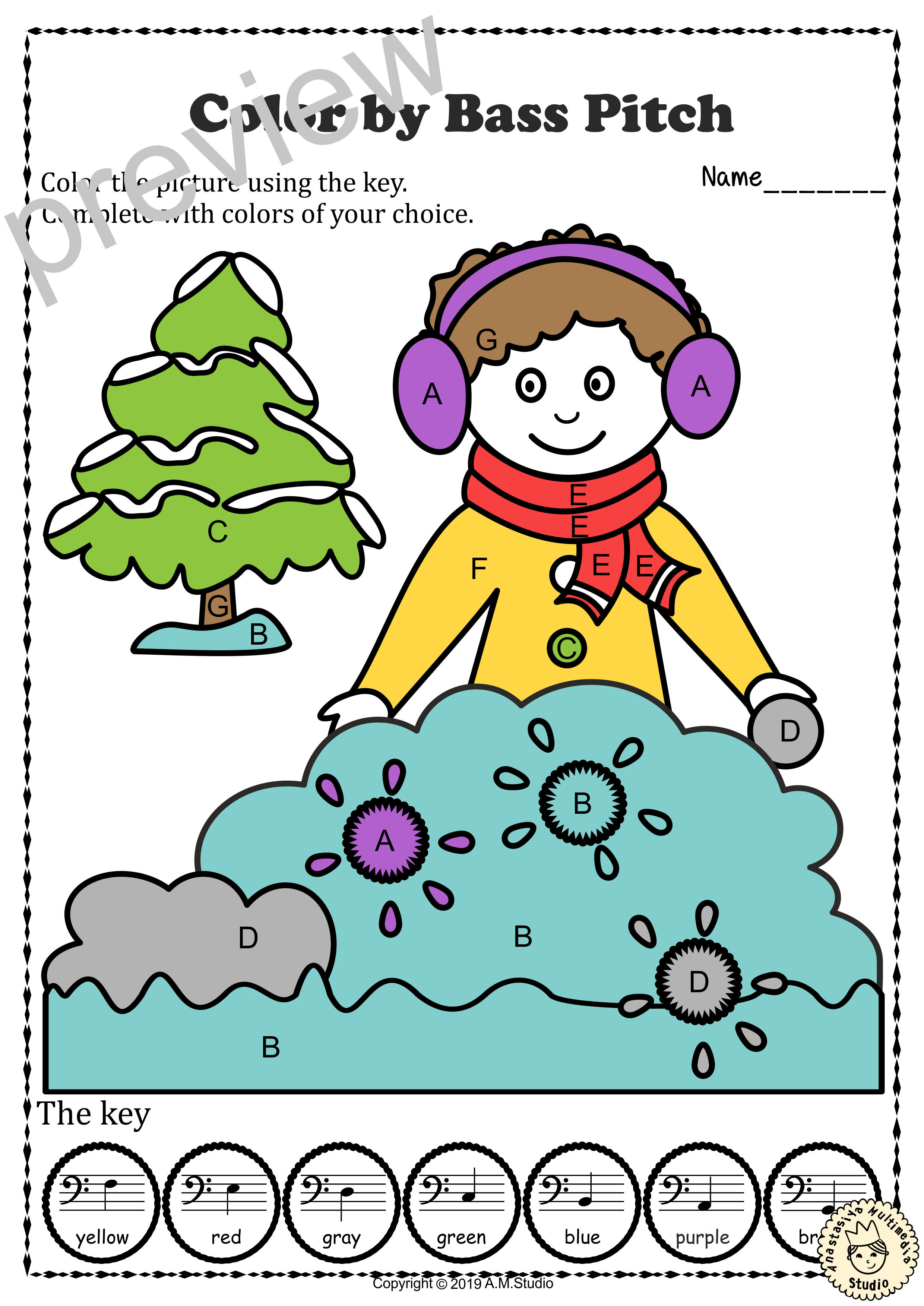 Musical Coloring Pages for Winter {Color by Bass Pitch} with answers (img # 4)