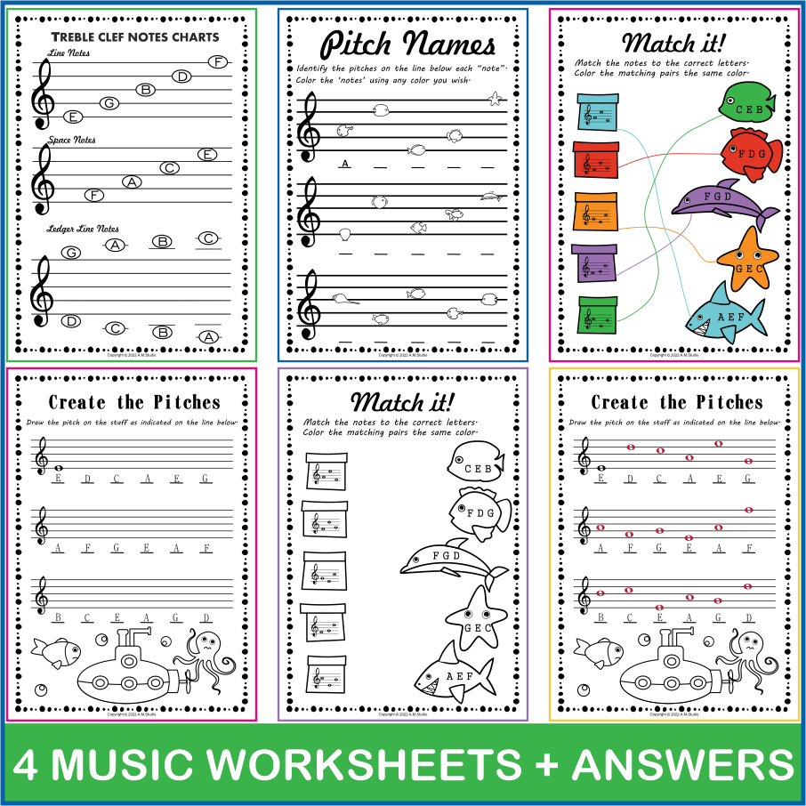 Ocean Animals Color by Treble Clef Note Names Pages and Worksheets (img # 1)