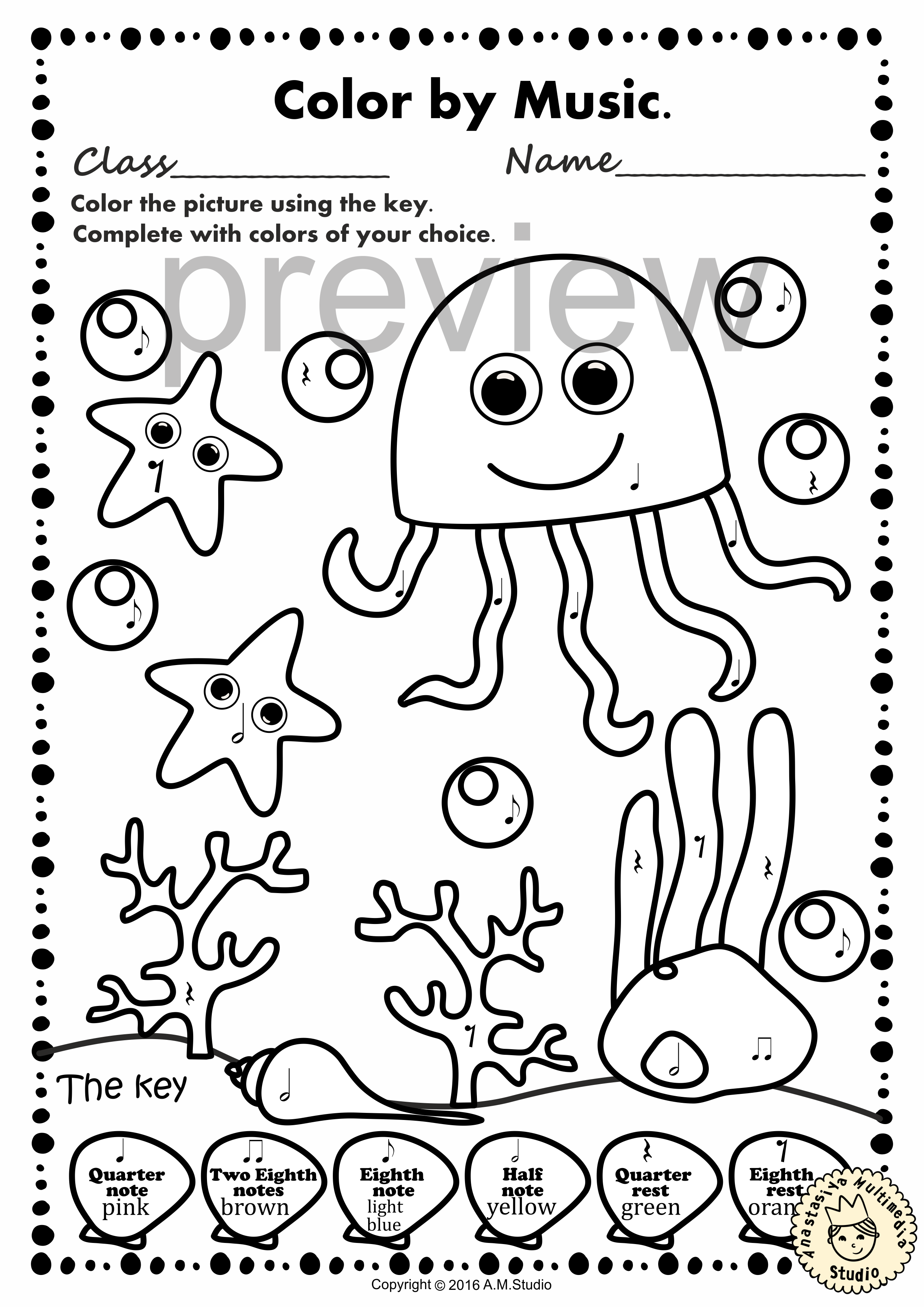 Ocean Animals Music Coloring Pages & Worksheets | Color by Notes and Rests (img # 1)