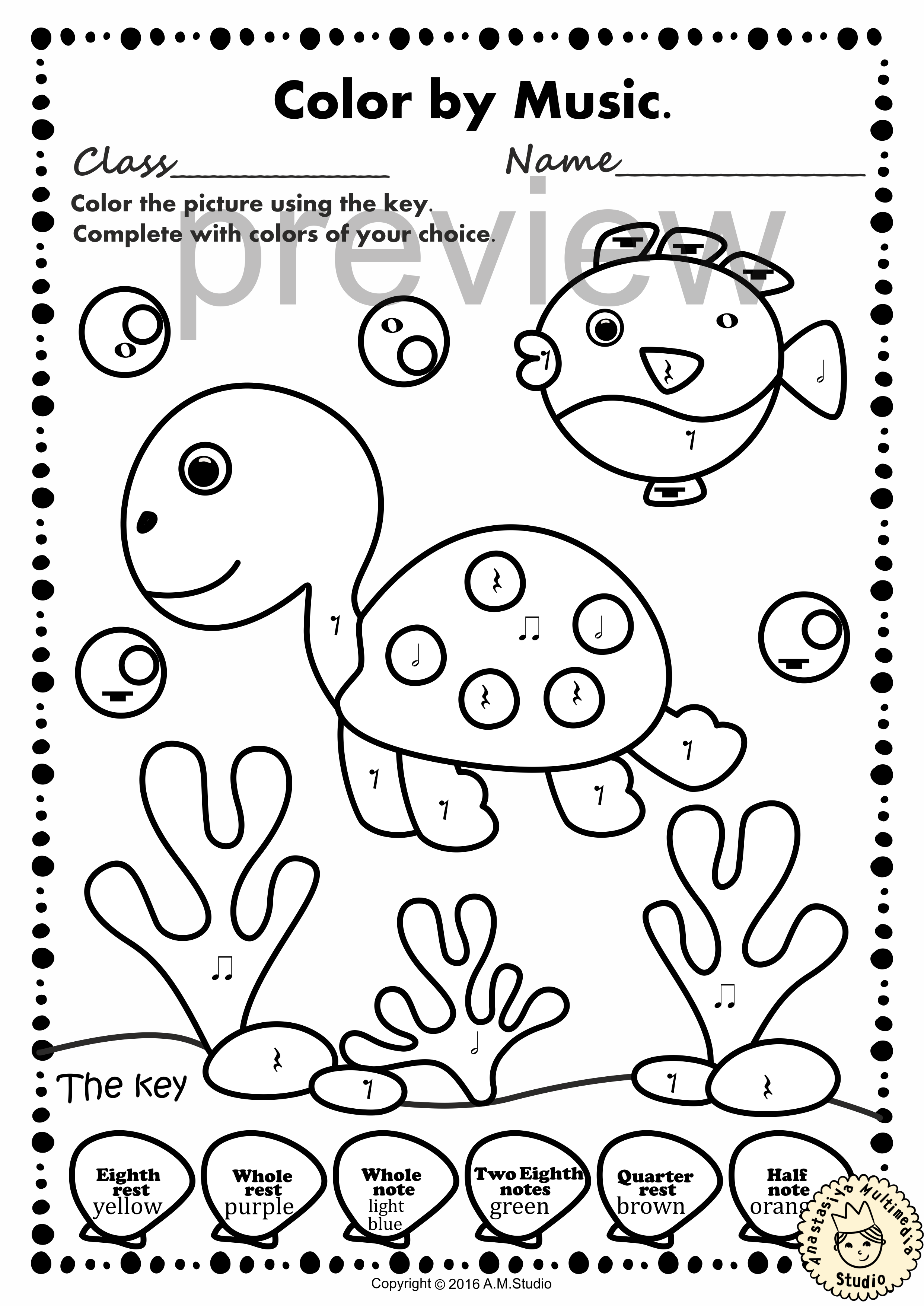 Ocean Animals Music Coloring Pages & Worksheets | Color by Notes and Rests (img # 2)
