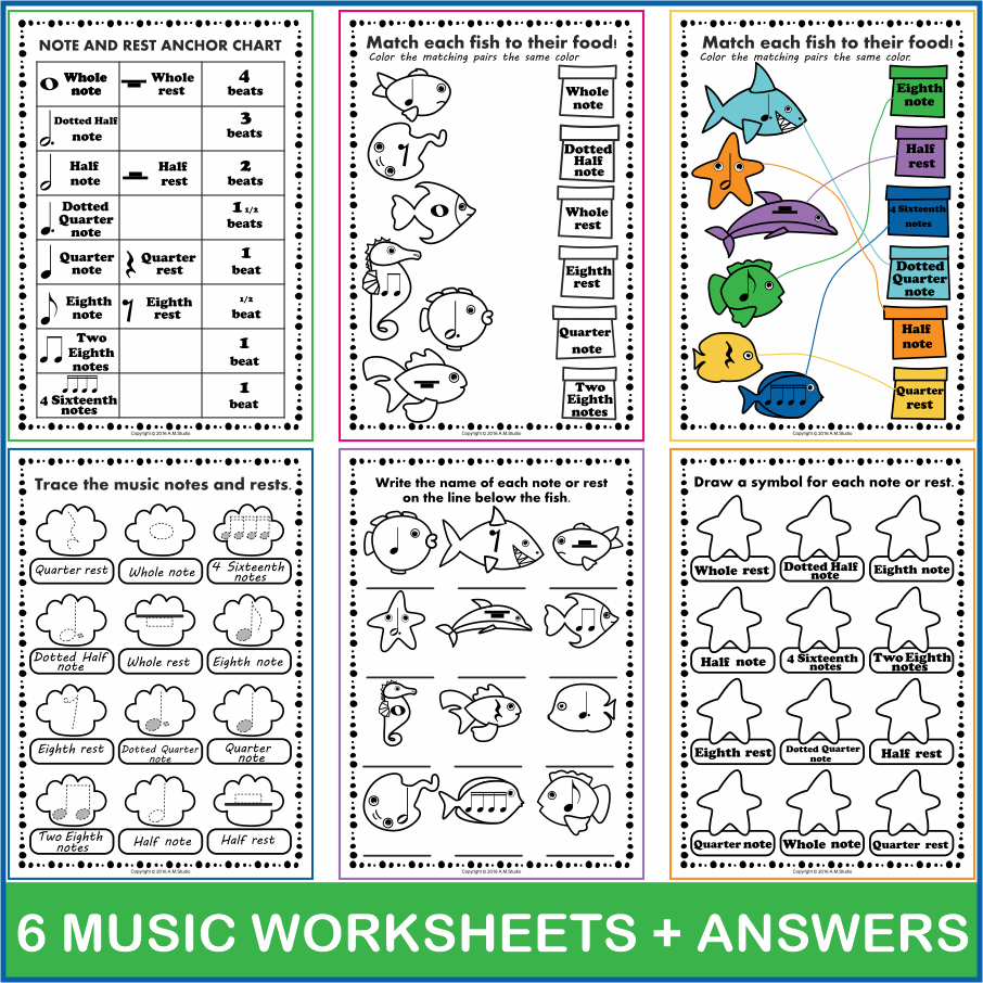 Ocean Animals Music Coloring Pages & Worksheets | Color by Notes and Rests (img # 1)