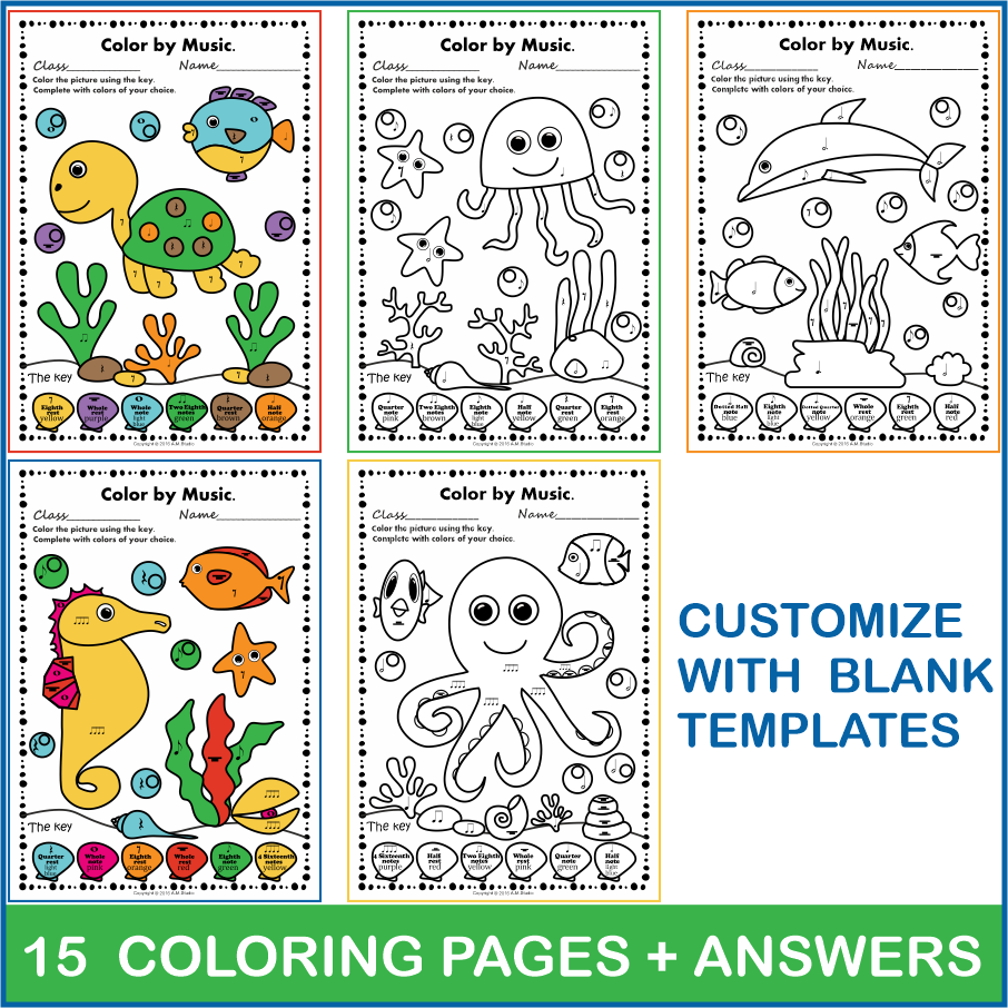 Ocean Animals Music Coloring Pages & Worksheets | Color by Notes and Rests (img # 2)