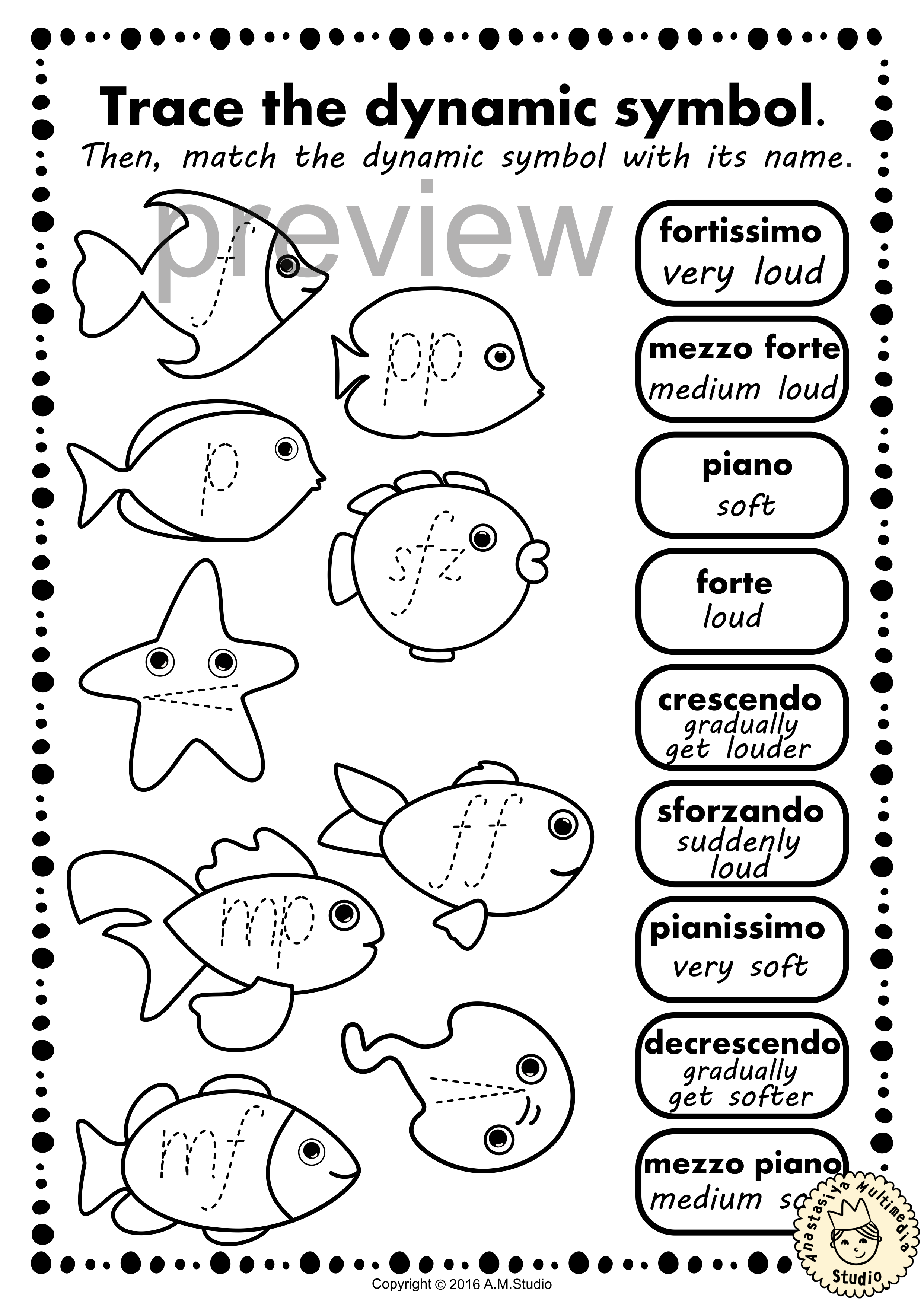Ocean Animals Music Coloring Pages | Dynamics Music Worksheets (img # 1)