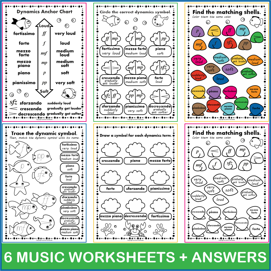 Ocean Animals Music Coloring Pages | Dynamics Music Worksheets (img # 1)