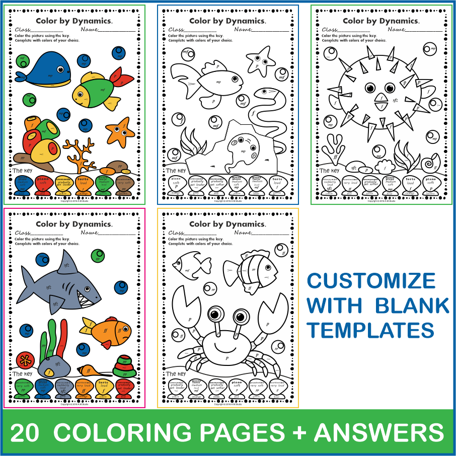 Ocean Animals Music Coloring Pages | Dynamics Music Worksheets (img # 2)