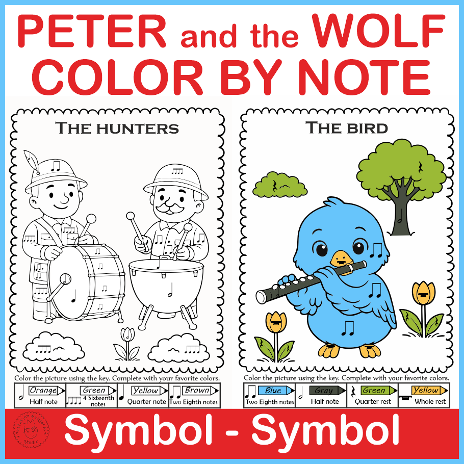 Peter and the Wolf Color by Note Music Worksheets | No Prep Sub Plans (img # 1)
