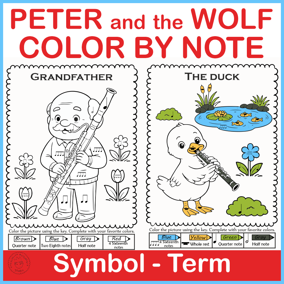 Peter and the Wolf Color by Note Music Worksheets | No Prep Sub Plans (img # 2)