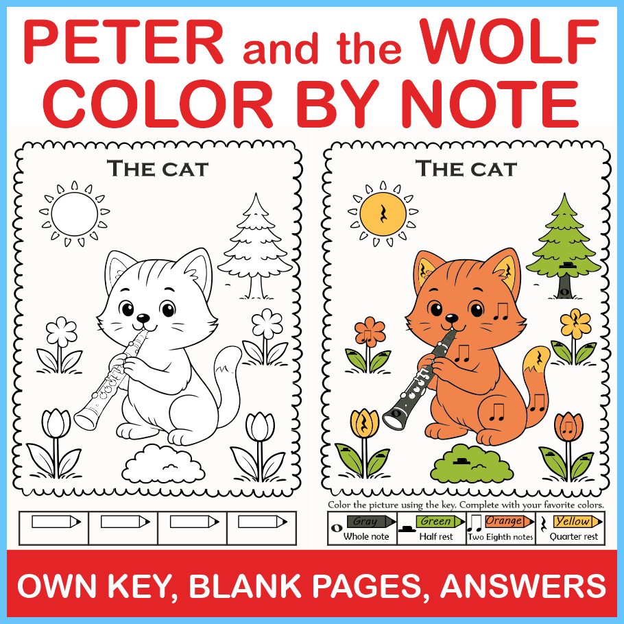 Peter and the Wolf Color by Note Music Worksheets | No Prep Sub Plans (img # 3)