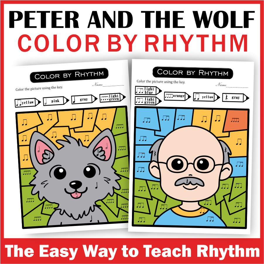 Music Coloring by Rhythm Worksheets - Peter and the Wolf Music Sub Plans (img # 1)