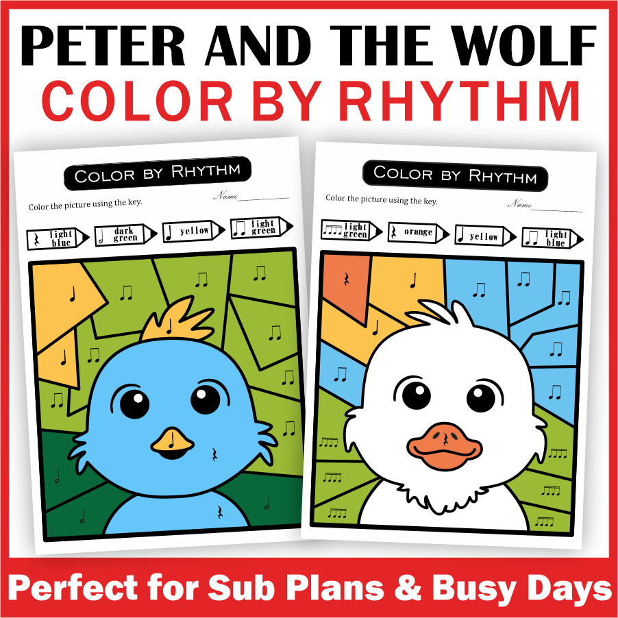 Music Coloring by Rhythm Worksheets - Peter and the Wolf Music Sub Plans (img # 2)