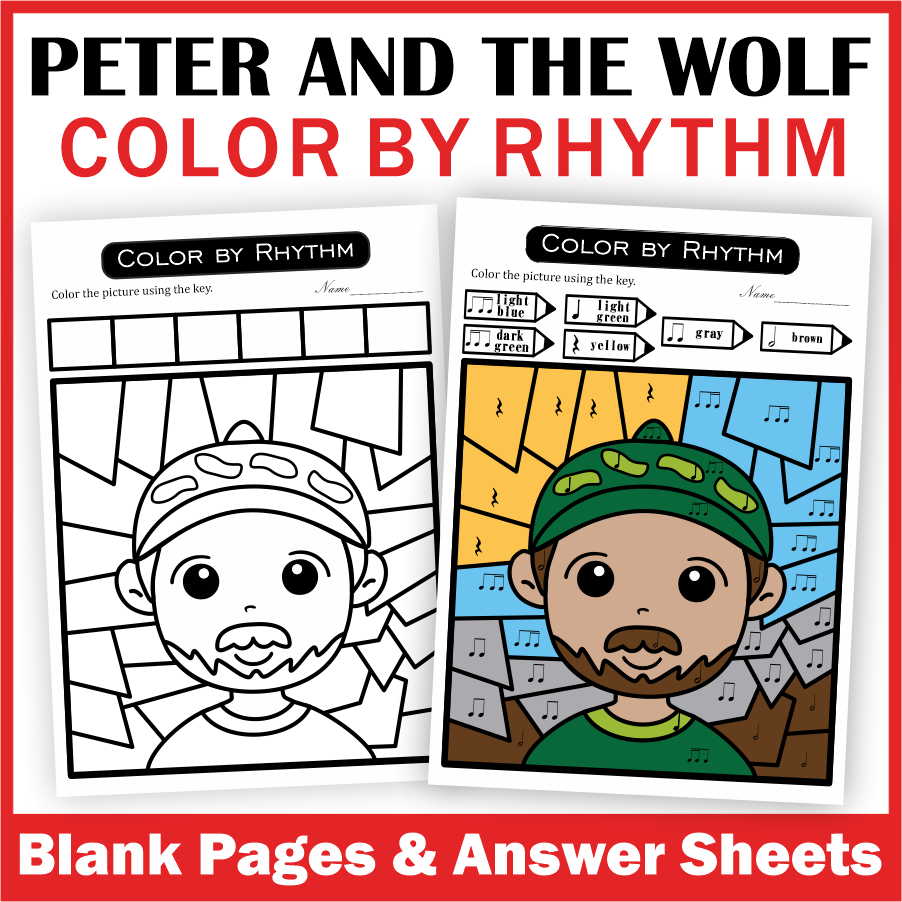Music Coloring by Rhythm Worksheets - Peter and the Wolf Music Sub Plans (img # 3)