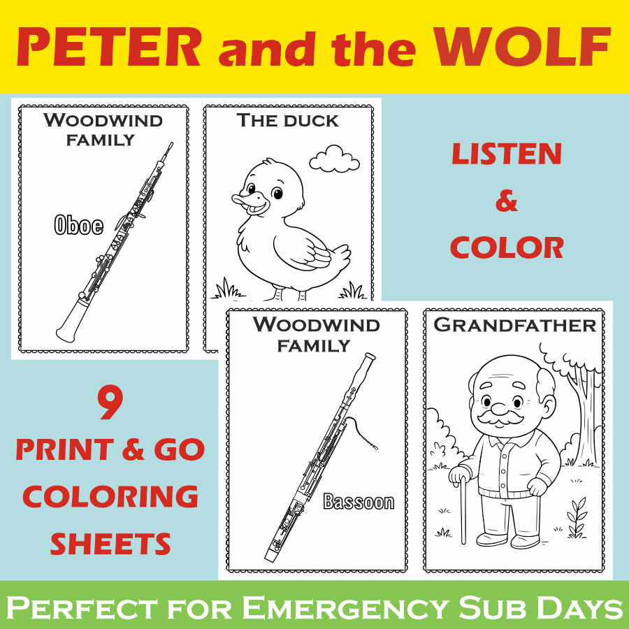 Peter and the Wolf Listen & Color Music Worksheets | No Prep Sub Plans | K–3 (img # 1)