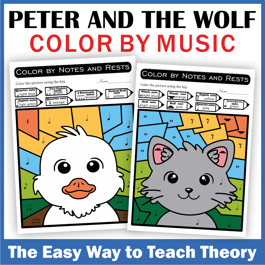 Music Color by Notes & Symbols Worksheets - Peter and the Wolf Music Sub Plans (img # 1)