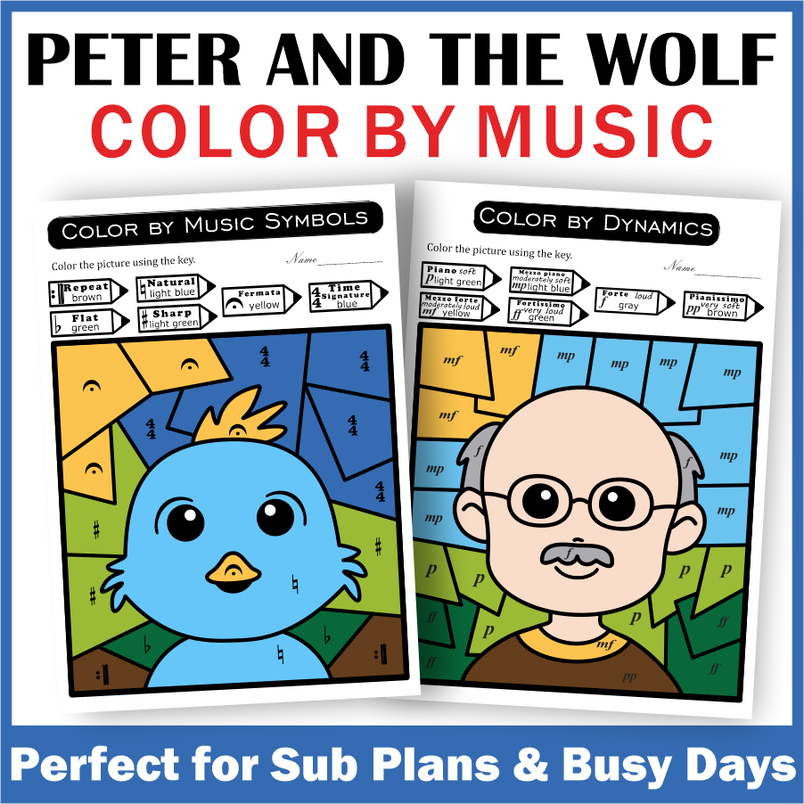 Music Color by Notes & Symbols Worksheets - Peter and the Wolf Music Sub Plans (img # 2)