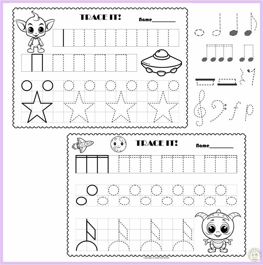 Pre-writing Worksheets for Music Class | Alien Theme (img # 1)