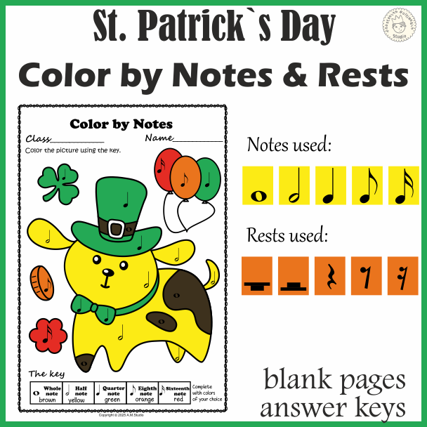 St. Patrick`s Day Music Coloring Pages | Music Color by Notes & Rests (img # 3)