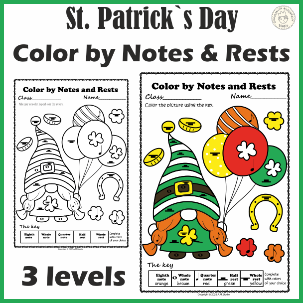 St. Patrick`s Day Music Coloring Pages | Music Color by Notes & Rests (img # 2)