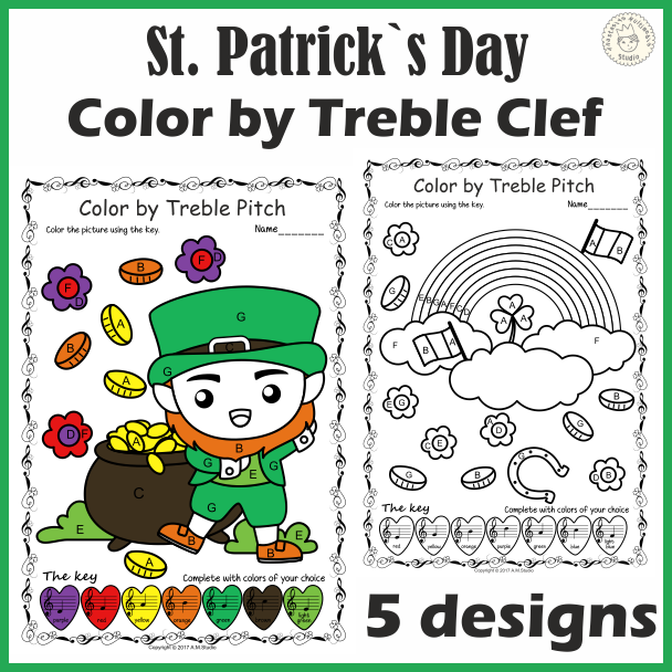 St. Patrick`s Day Music Coloring Pages | Color by Treble Clef Note Names (img # 1)