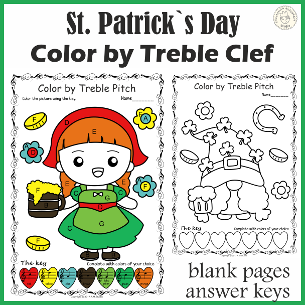 St. Patrick`s Day Music Coloring Pages | Color by Treble Clef Note Names (img # 2)
