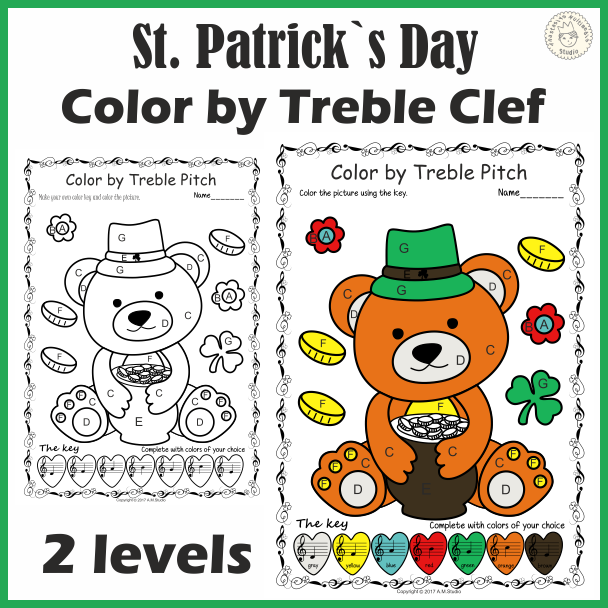 St. Patrick`s Day Music Coloring Pages | Color by Treble Clef Note Names (img # 3)