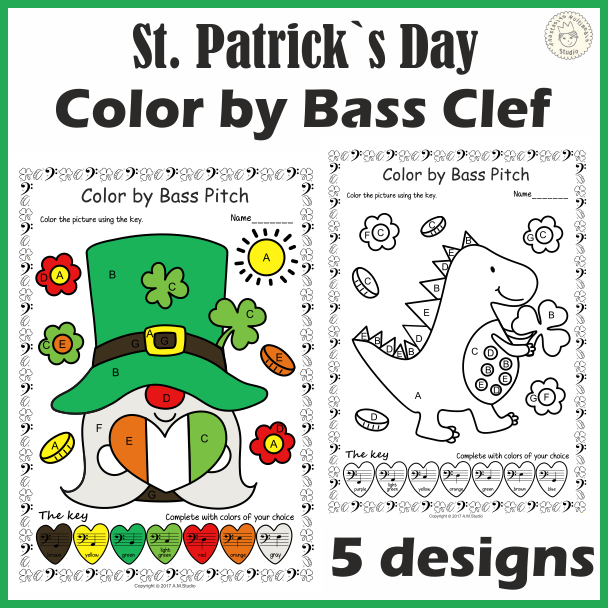 St. Patrick`s Day Music Coloring Pages | Color by Bass Clef Note Names (img # 1)