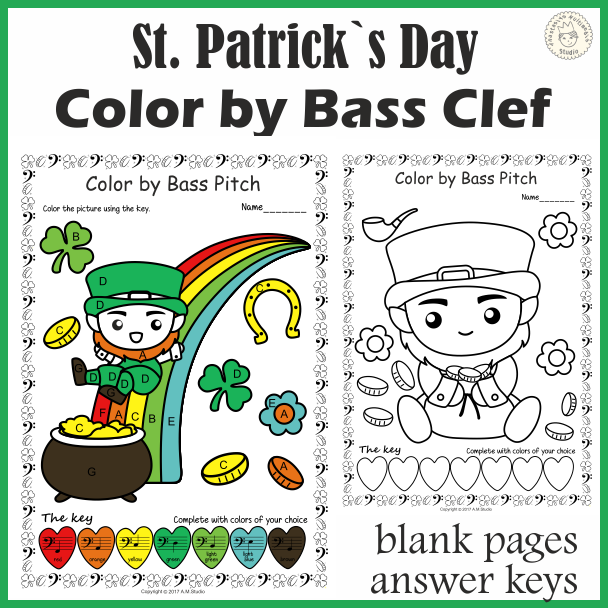 St. Patrick`s Day Music Coloring Pages | Color by Bass Clef Note Names (img # 2)