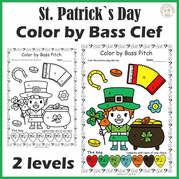 St. Patrick`s Day Music Coloring Pages | Color by Bass Clef Note Names (img # 3)