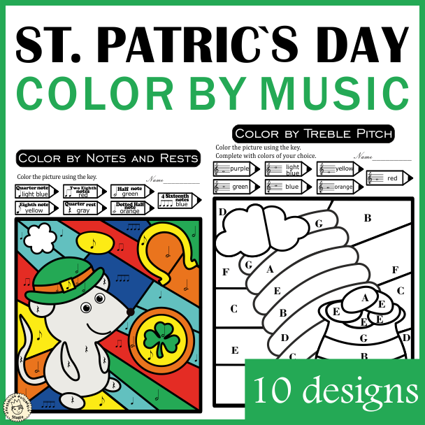St. Patrick`s Day Music Color by Code Pages | Notes Rests Dynamics Treble & Bass (img # 1)