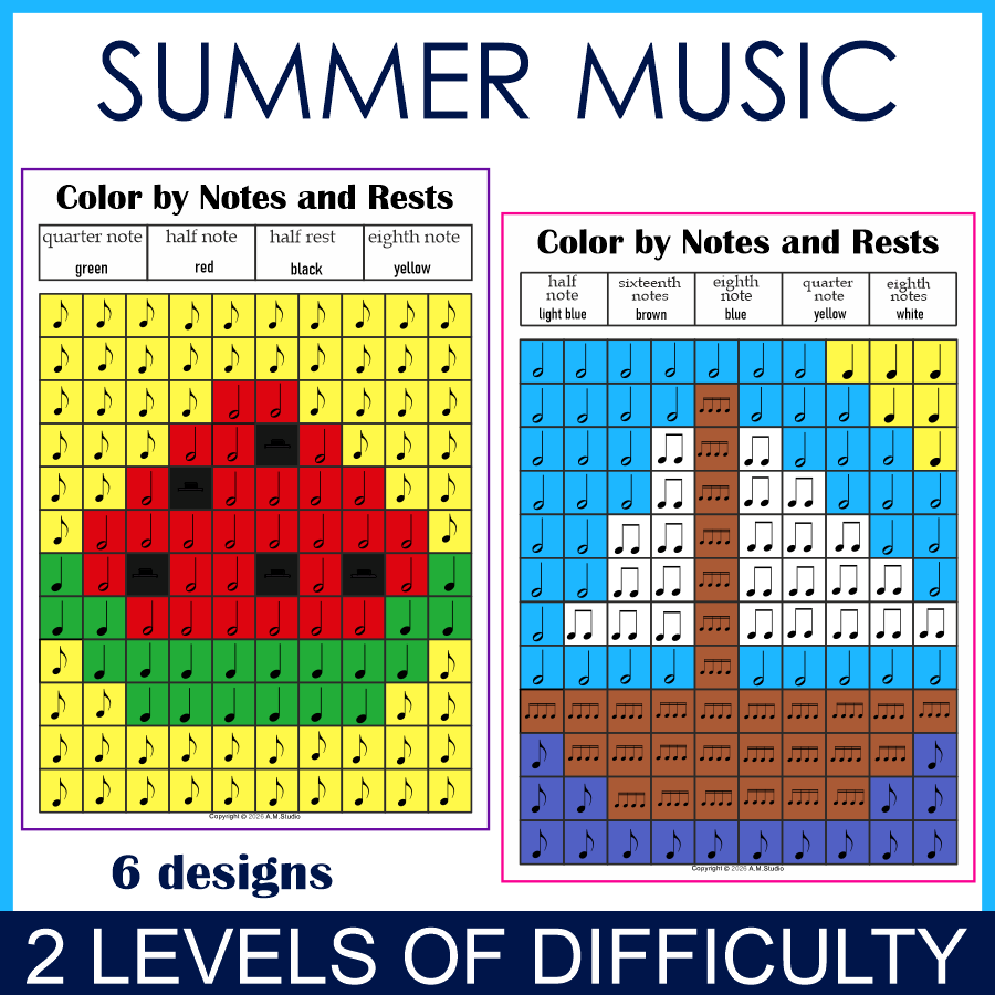 Summer Music Color by Note Mystery Pictures | Rhythm Worksheets | Levels 1-2 (img # 1)