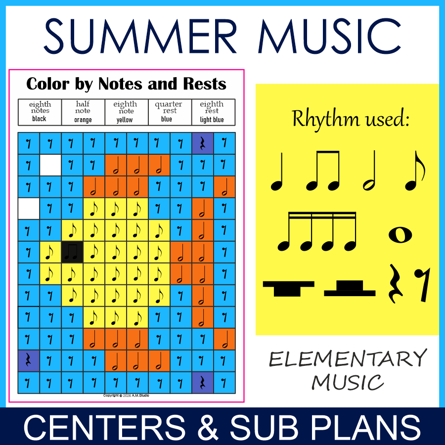 Summer Music Color by Note Mystery Pictures | Rhythm Worksheets | Levels 1-2 (img # 2)