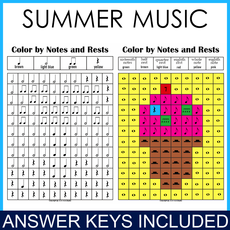 Summer Music Color by Note Mystery Pictures | Rhythm Worksheets | Levels 1-2 (img # 3)