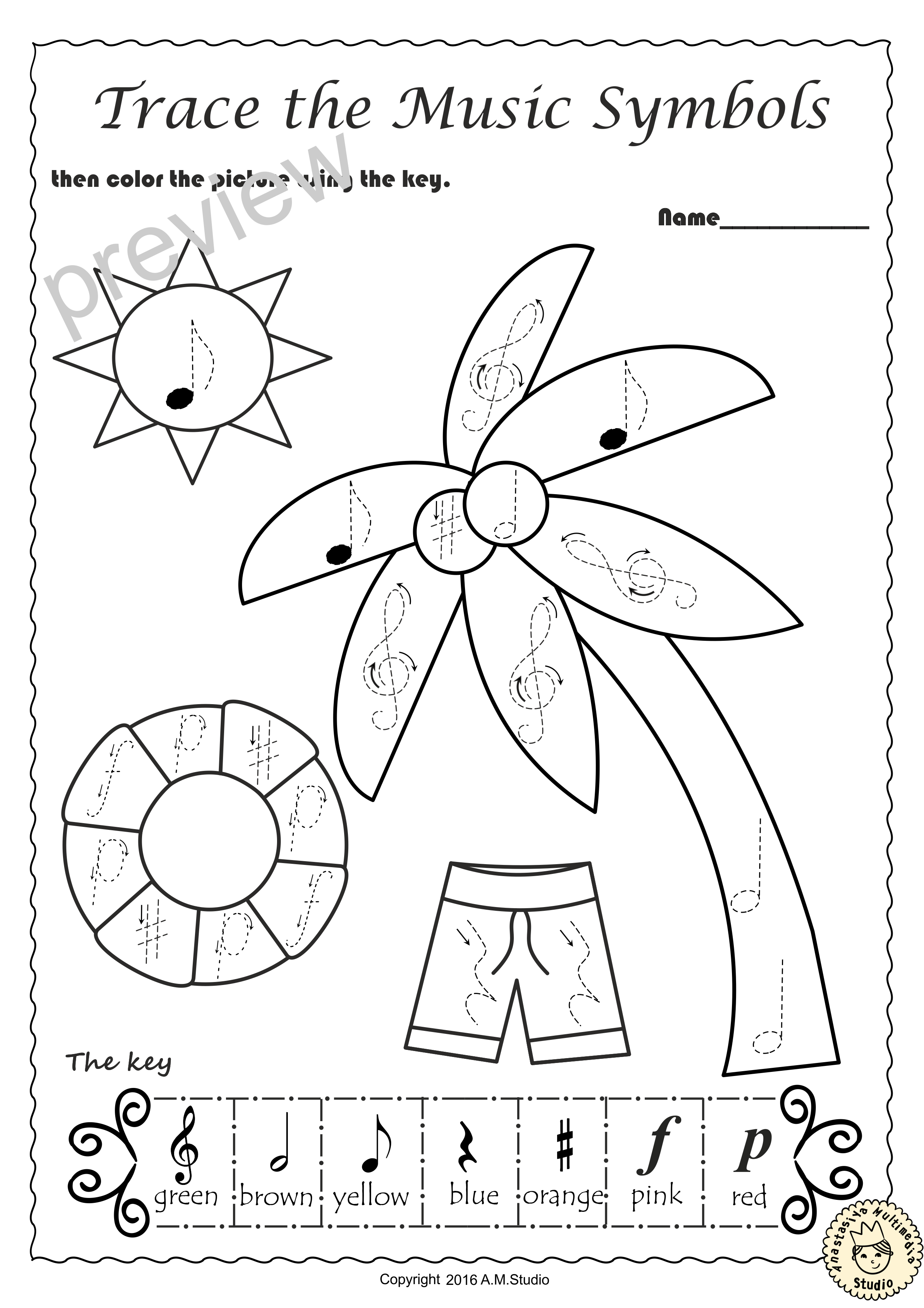 Summer Trace and Color Music Worksheets (img # 4)