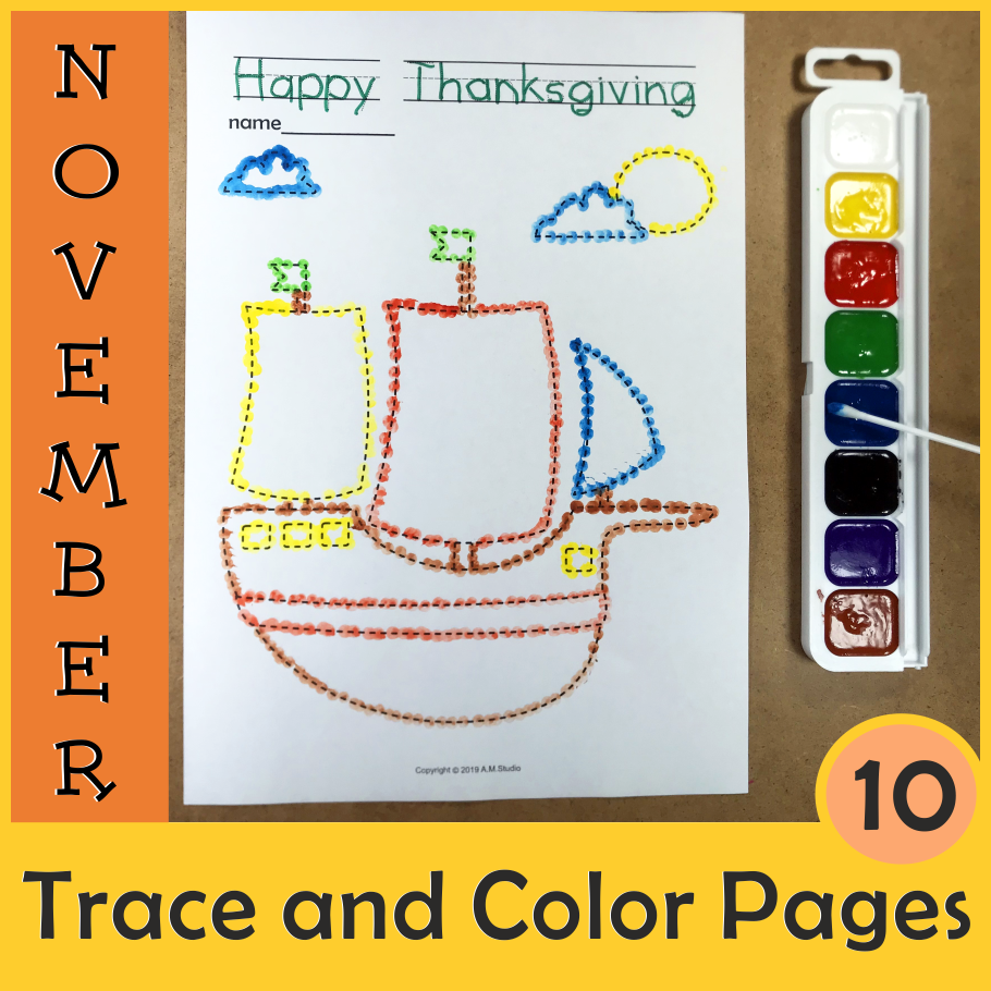 Thanksgiving Trace and Color Pages {Fine Motor Skills + Pre-writing} (img # 1)
