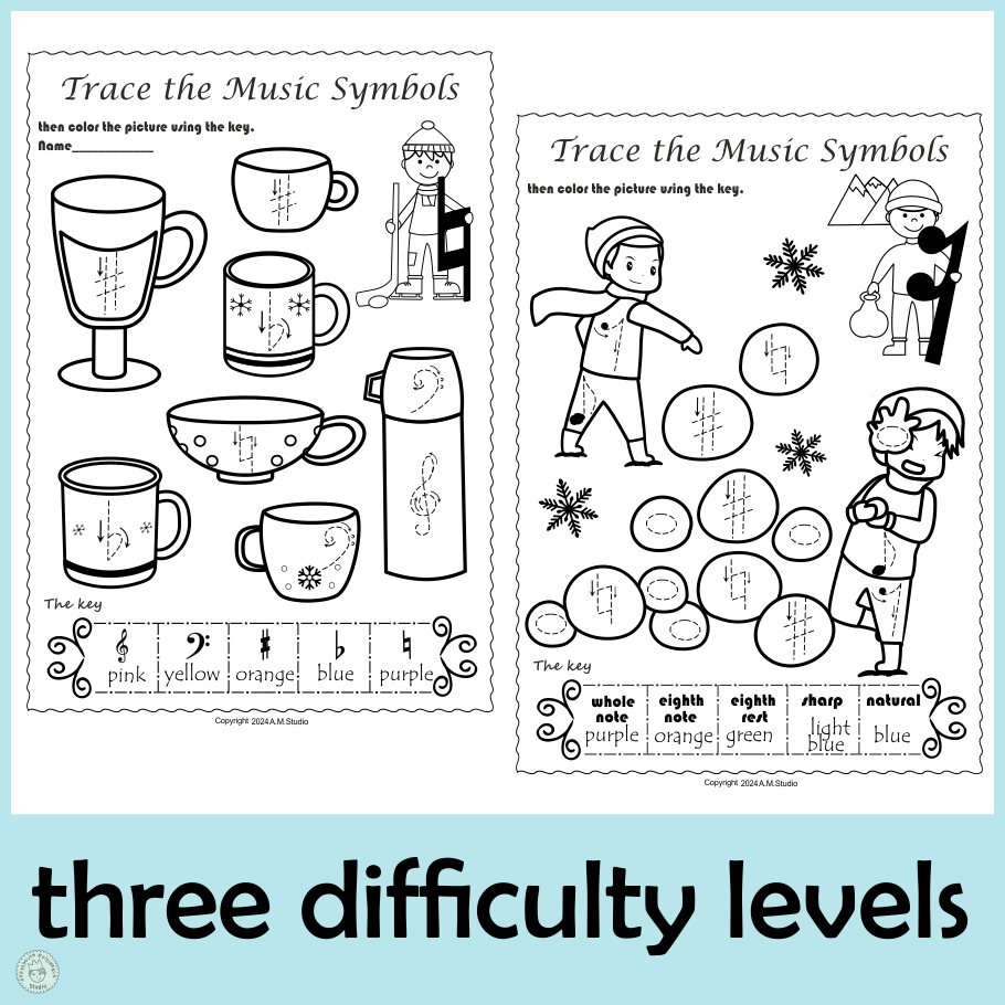 Music Tracing and Coloring Worksheets for Winter (img # 2)