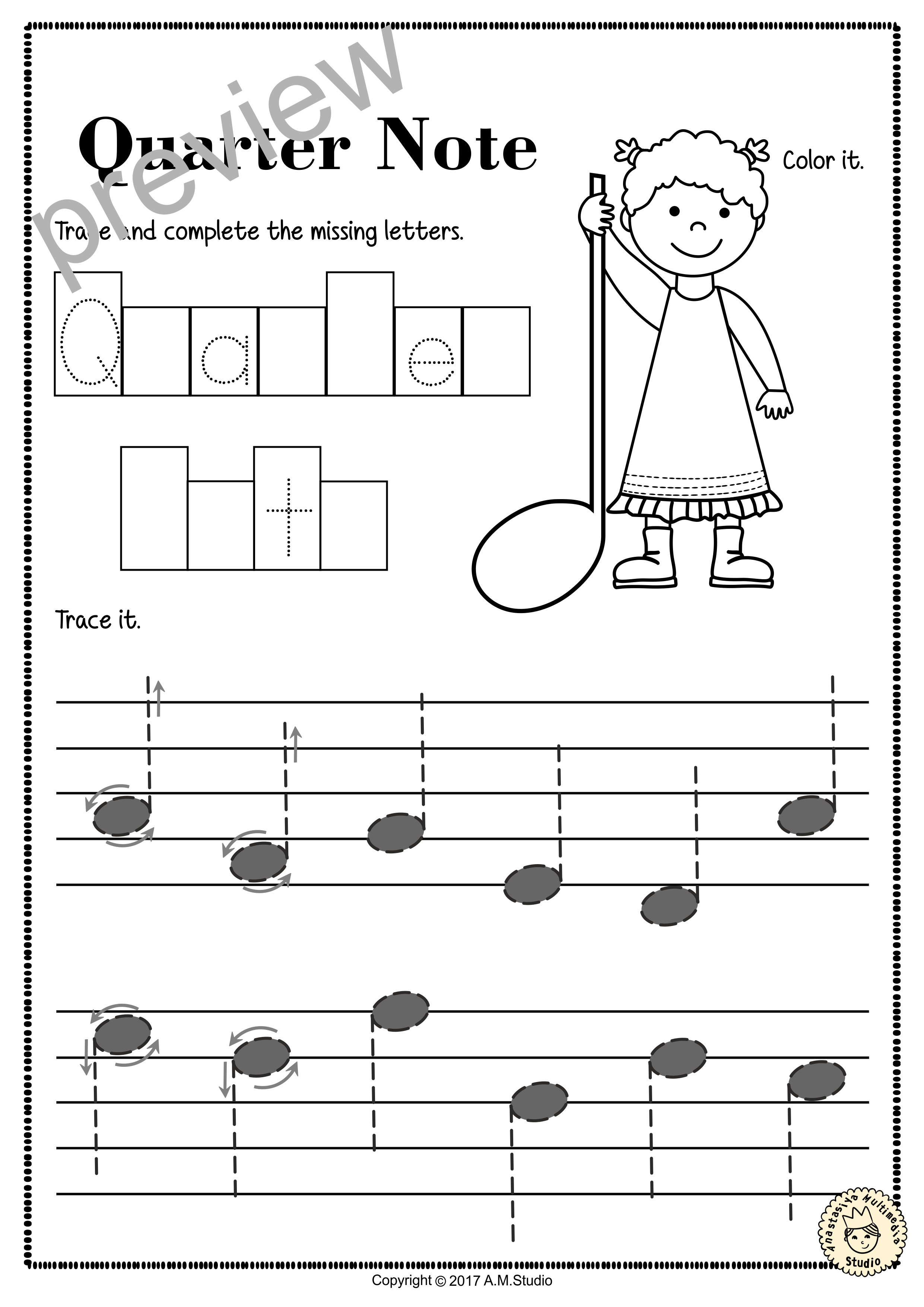 Tracing Music Notes Worksheets for kids (img # 2)