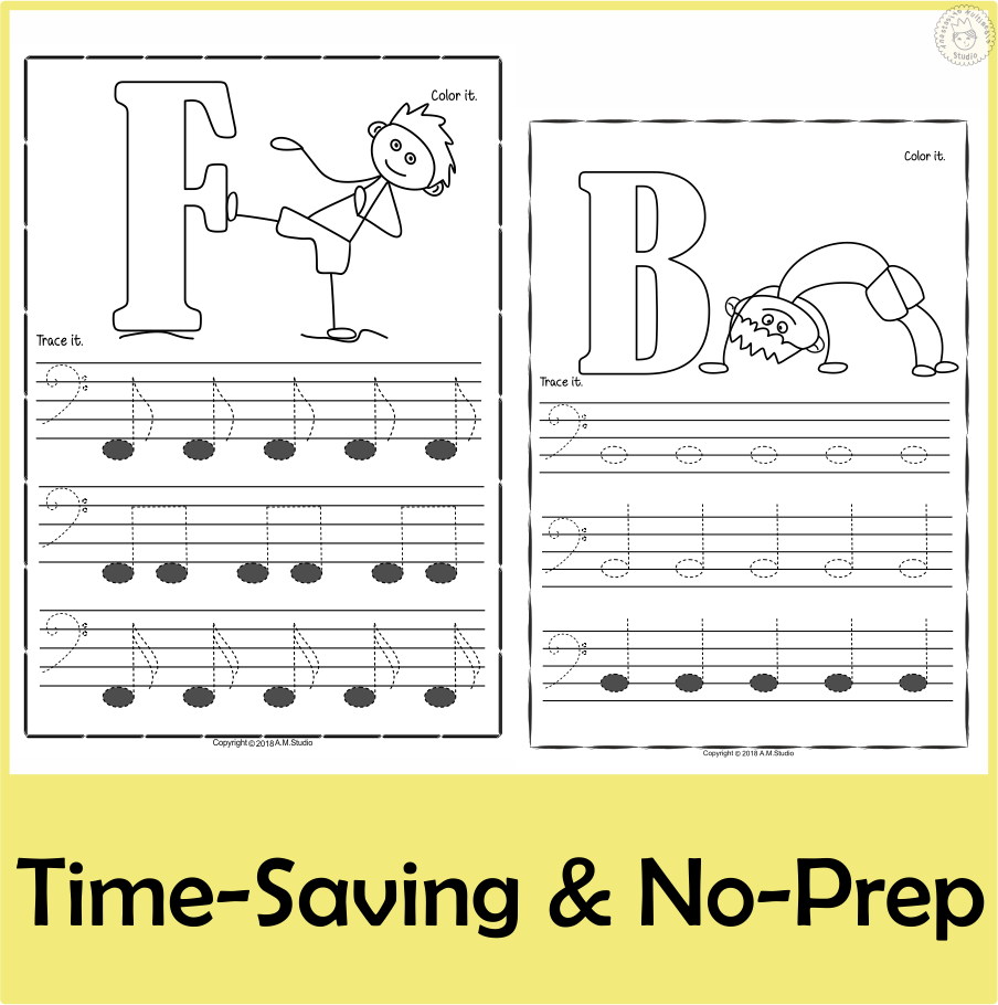 Tracing Music Notes Worksheets for kids {Bass Clef} (img # 1)