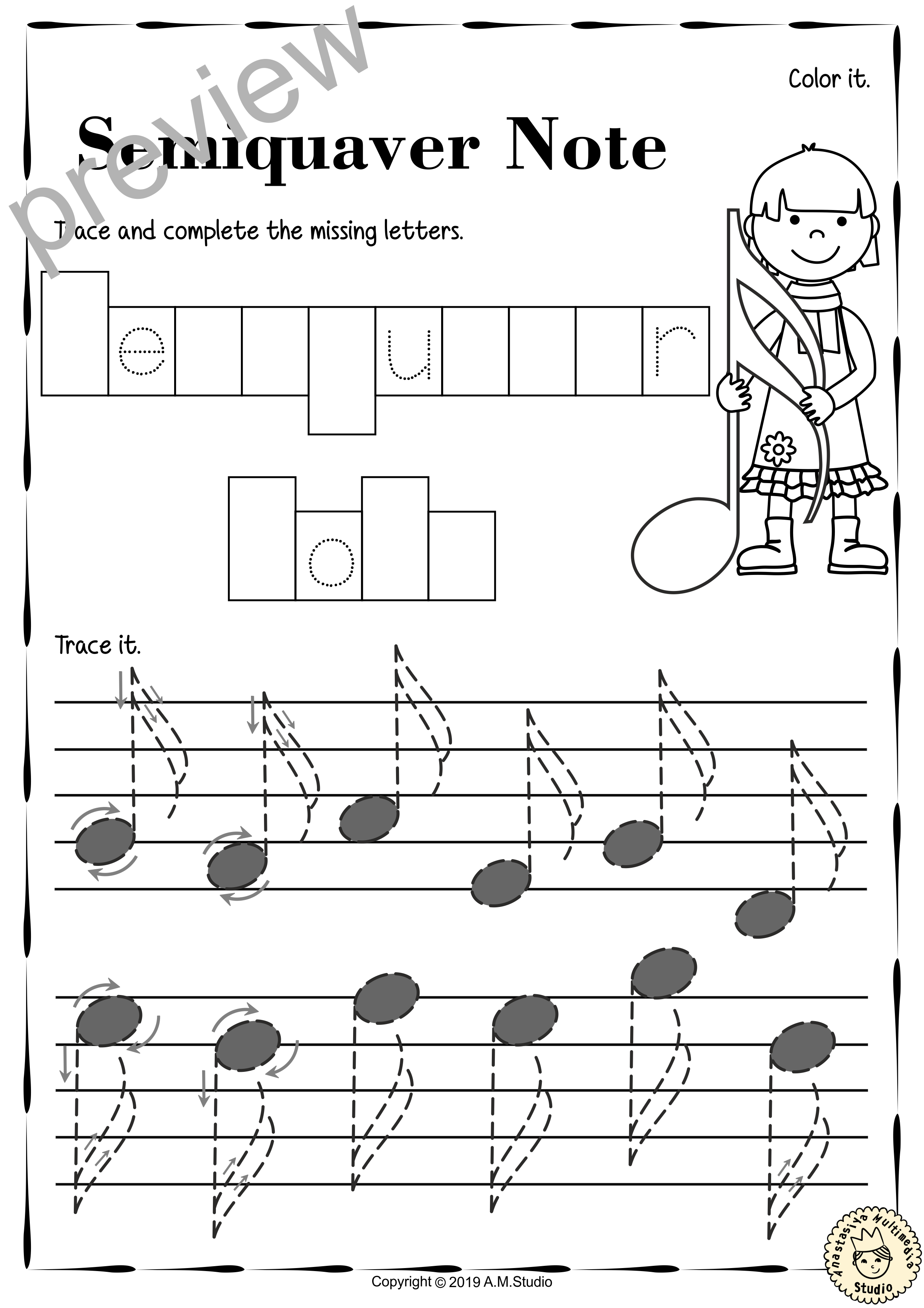 Tracing Music Notes Worksheets for kids {British Terminology} (img # 3)