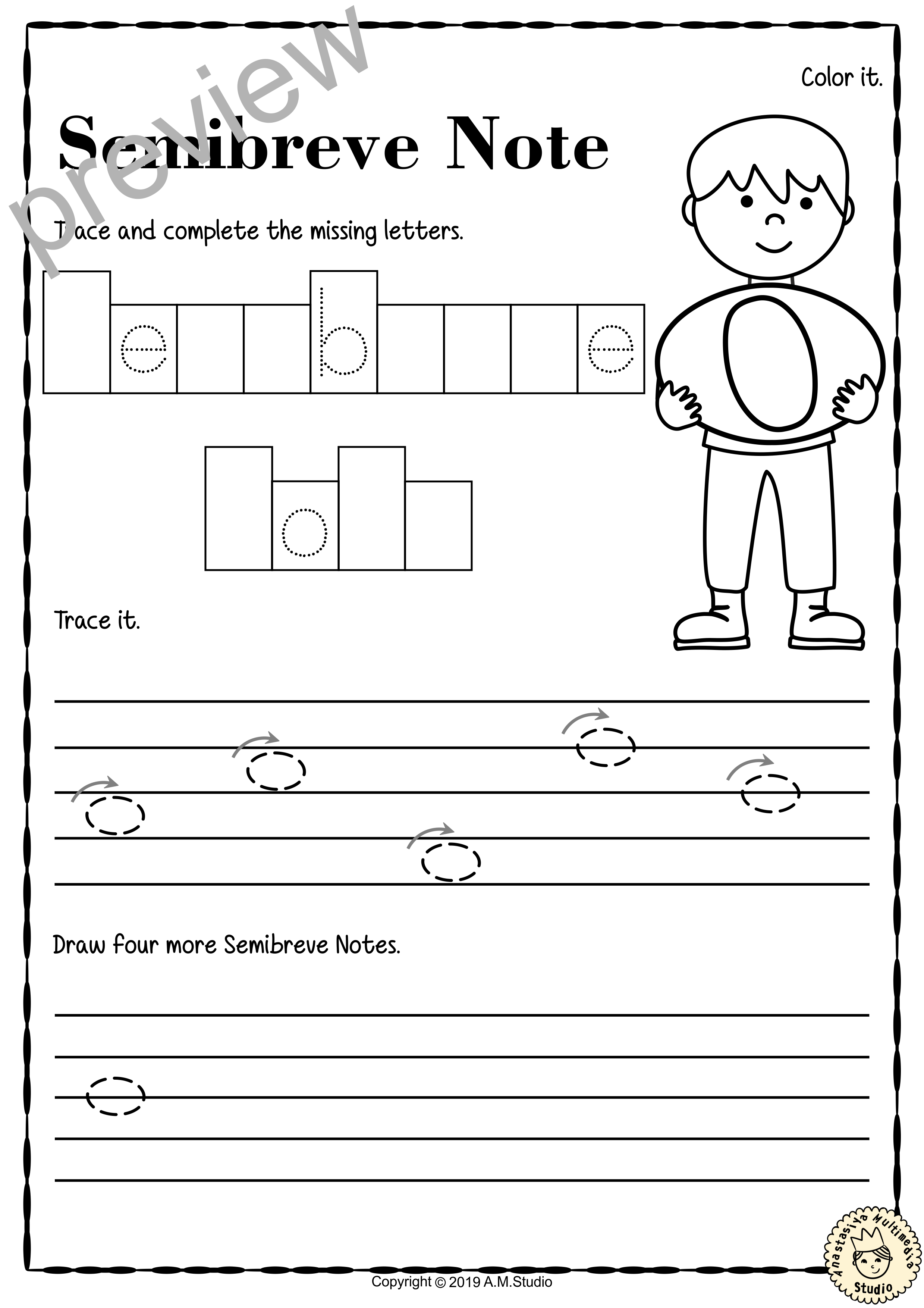 Tracing Music Notes Worksheets for kids {British Terminology} (img # 1)
