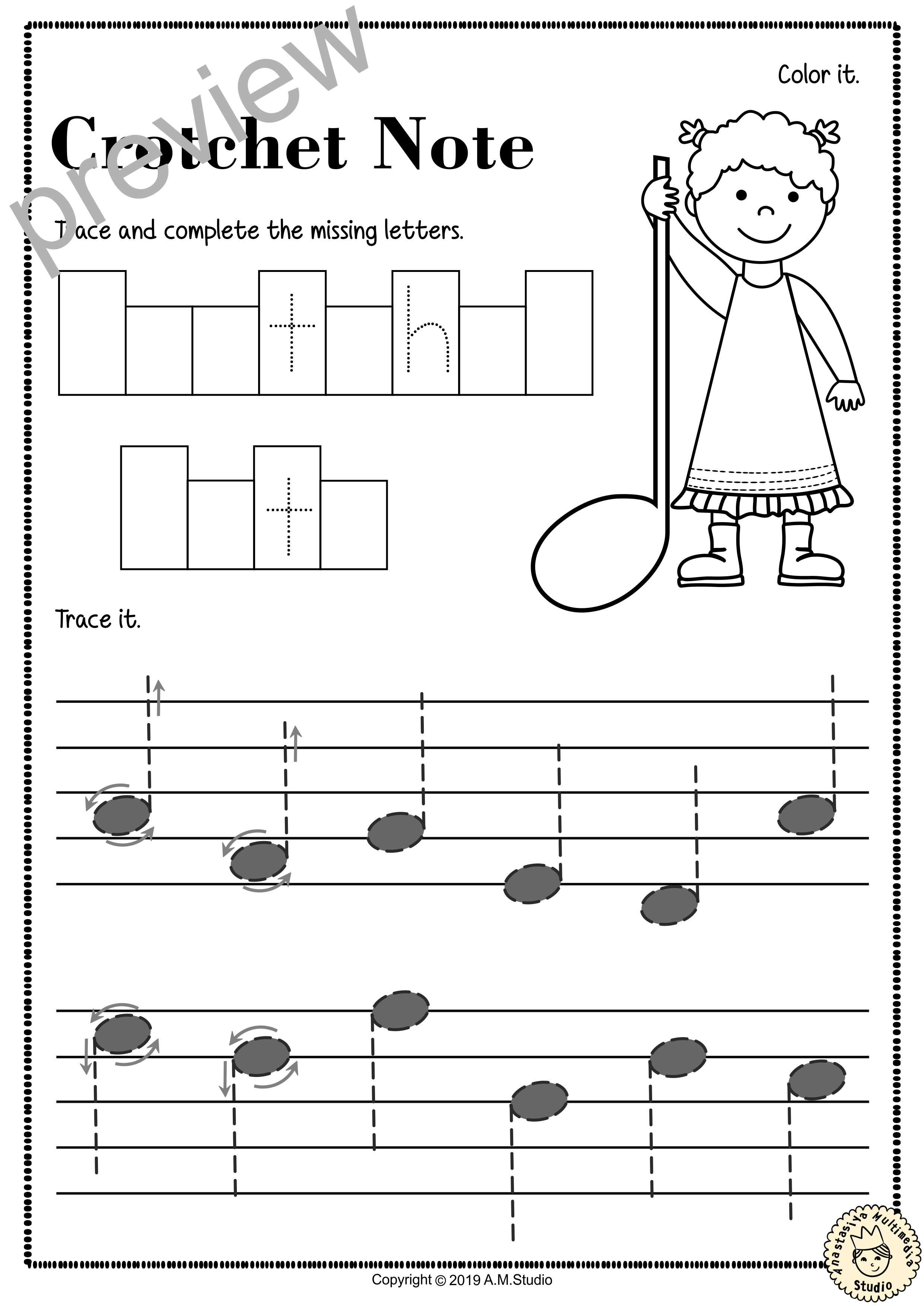 Tracing Music Notes Worksheets for kids {British Terminology} (img # 2)
